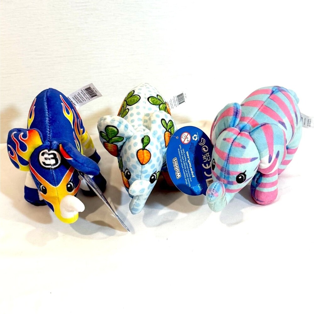 Pop Art Soft Mini Elephant Plush Set of 3 - Turbo, Wabbit, Swirly Q